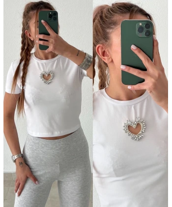 Taşlı Kalp Dekolteli Crop