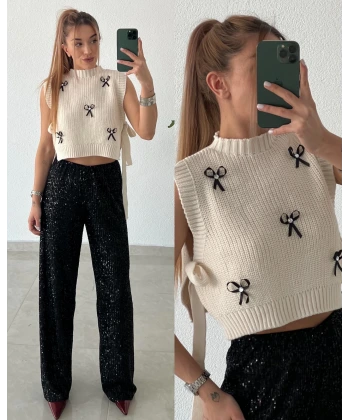 Taşlı Kurdeleli Bağlamalı Triko Süveter