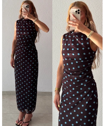 Tül Puantiye Desenli Maxi Elbise