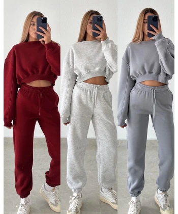 Üç İplik Şardonlu Kumaş Crop Takım