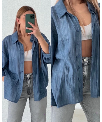 Yağ Yıkamalı Tek Cepli Oversize Gömlek
