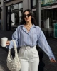 Kadın Premium Kalite Çizgili Uzun Kol Oversize Gömlek - Mavi
