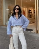 Kadın Premium Kalite Çizgili Uzun Kol Oversize Gömlek - Mavi