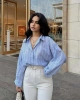 Kadın Premium Kalite Çizgili Uzun Kol Oversize Gömlek - Mavi