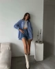 Kadın Premium Kalite Çizgili Uzun Kol Oversize Gömlek - Mavi