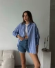 Kadın Premium Kalite Çizgili Uzun Kol Oversize Gömlek - Mavi