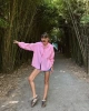Kadın Pembe Premium Kalite Çizgili Oversize Tiril Gömlek