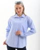Kadın Mavi Premium Kalite Cepli Çizgili Uzun Kol Oversize Gömlek