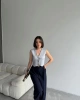 Kadın Gri V Yaka Şık Düğme Detaylı Yazlık Kumaş Triko Yelek