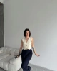 Kadın Kerem V Yaka Şık Düğme Detaylı Yazlık Kumaş Triko Yelek