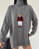 Kadın Gri Oversize Ayıcıklı Oversize Balıkçı Yaka Triko Kazak