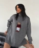 Kadın Gri Oversize Ayıcıklı Oversize Balıkçı Yaka Triko Kazak