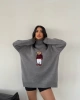 Kadın Gri Oversize Ayıcıklı Oversize Balıkçı Yaka Triko Kazak
