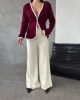 Kadın Bordo Triko Ceket Yelek Pantolon Alt Üst İkili Triko Takım