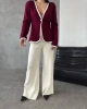 Kadın Bordo Triko Ceket Yelek Pantolon Alt Üst İkili Triko Takım