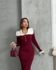 Kadın Bordo Şık Yaka Detaylı Midi Boy Triko Elbise