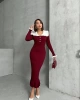 Kadın Bordo Şık Yaka Detaylı Midi Boy Triko Elbise