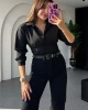 Kadın Fit Kesim Korse Detay Dokuma Crop Gömlek - Siyah