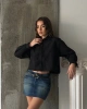 Kadın Siyah Şık Bağcık Detaylı Crop Dokuma Gömlek