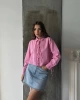 Kadın Pembe Şık Bağcık Detaylı Crop Dokuma Gömlek