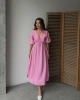 Kadın V Yaka Pembe Müslin Kumaş Kısa Kol Elbise