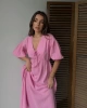Kadın V Yaka Pembe Müslin Kumaş Kısa Kol Elbise