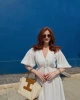 Kadın V Yaka Ekru Müslin Kumaş Kısa Kol Elbise