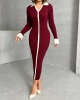 Kadın Bordo Polo Yaka Şık Kol Detaylı Midi Triko Elbise