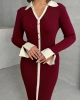 Kadın Bordo Polo Yaka Şık Kol Detaylı Midi Triko Elbise