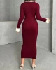 Kadın Bordo Polo Yaka Şık Kol Detaylı Midi Triko Elbise