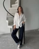 Kadın Ekru Premium Kalite Çizgili Oversize Tiril Gömlek