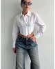 Kadın Fit Kesim Korse Detay Dokuma Crop Gömlek - Beyaz
