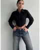 Kadın Fit Kesim Korse Detay Dokuma Crop Gömlek - Siyah