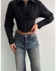 Kadın Fit Kesim Korse Detay Dokuma Crop Gömlek - Siyah