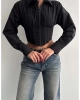 Kadın Fit Kesim Korse Detay Dokuma Crop Gömlek - Siyah