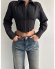 Kadın Fit Kesim Korse Detay Dokuma Crop Gömlek - Siyah