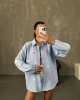 Kadın Bebe Mavisi Kalp Nakışlı Premium Kalite Müslin Kumaş Balon Kol Gömlek