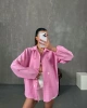 Kadın Pembe Kalp Nakışlı Premium Kalite Müslin Kumaş Balon Kol Gömlek