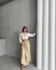 Kadın Krem Yüksek Bel Kırışık Model Midi Boy Etek