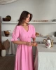 Kadın Pembe V Yaka Beli Lastikli Büzgülü Müslin Kumaş Kısa Kol Elbise