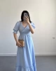 Kadın Bebe Mavisi V Yaka Beli Lastikli Büzgülü Müslin Kumaş Kısa Kol Elbise