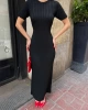 Kadın Siyah Fitilli Kısa Kol Yazlık Kumaş Uzun Triko Elbise s/m