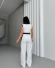 Kadın Beyaz Şık Şerit Detaylı Sıfır Koll Crop Pantolon Alt Üst İkili Takım