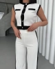 Kadın Beyaz Şık Şerit Detaylı Sıfır Koll Crop Pantolon Alt Üst İkili Takım