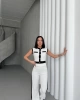 Kadın Beyaz Şık Şerit Detaylı Sıfır Koll Crop Pantolon Alt Üst İkili Takım
