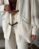 Kadın Ekru Nakış Ve Kemer detaylı Balon Kol Müslin Kumaş Premium Kimono