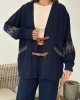 Kadın Lacivert Nakış Ve Kemer detaylı Balon Kol Müslin Kumaş Premium Kimono