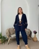 Kadın Lacivert Nakış Ve Kemer detaylı Balon Kol Müslin Kumaş Premium Kimono