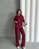Kadın Bordo Yumuşak Modal Kumaş Kısa Kol Pantolon Bluz Alt Üst İkili Takım