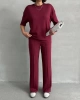 Kadın Bordo Yumuşak Modal Kumaş Kısa Kol Pantolon Bluz Alt Üst İkili Takım